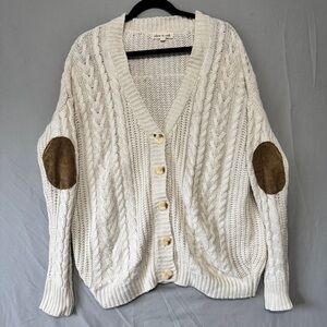 Olive&Oak Womens Cableknit Cardigan Medium Cream Elbow Patch Grandpa Cottagecore